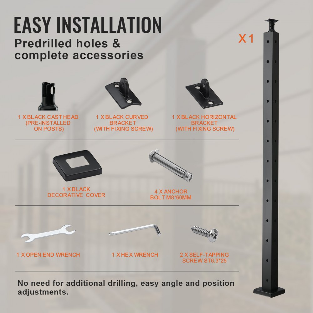 VEVOR Cable Railing Post, 106.68 x 2.54 x 5.08 cm L-Shaped Corner Railing Post, 12 Pre-Drilled Holes, SUS304 Stainless Steel Railing Post with Curved Bracket, 1 Pack, 1JZLGZHS1067CSWRBV0