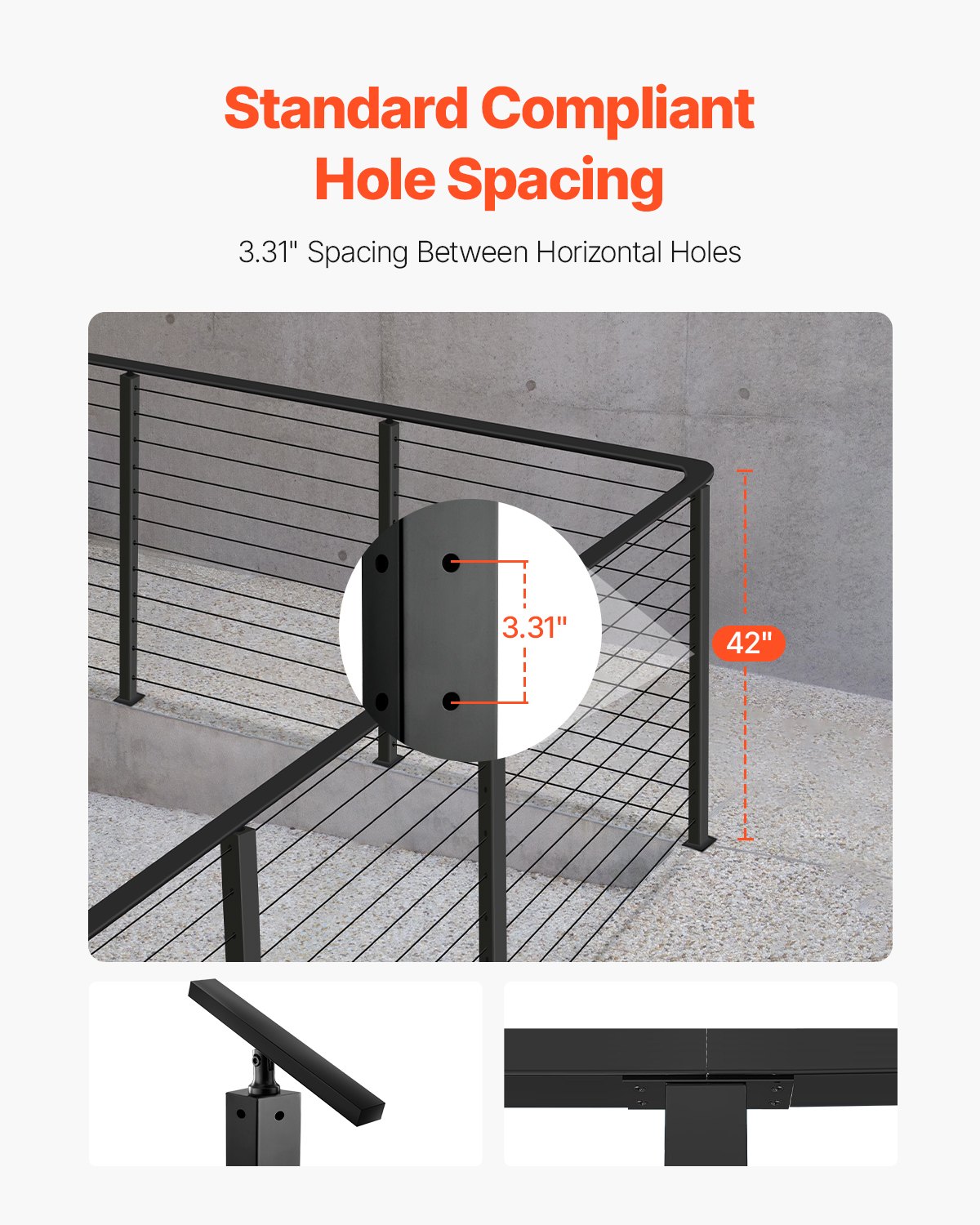 VEVOR Kabelgeländerpfosten, 106,7x3x5 cm Stahl-Eckgeländerpfosten, mit L-förmigen vorgebohrten Löchern, SUS304 Edelstahl-Geländerpfosten, 1er-Set, Schwarz, 1JZLGZXHS10607YXO001V0