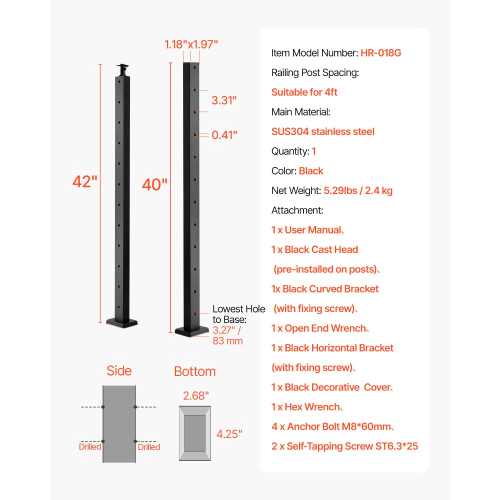 VEVOR Cable Stair Railing Post, 106.7x2.5x5 cm Railing Post, Flat Stair Railing Post, 1 Pack, Pre-drilled Posts with Mounting Bracket, Black, 1JZLGZXHS1063GGTD001V0