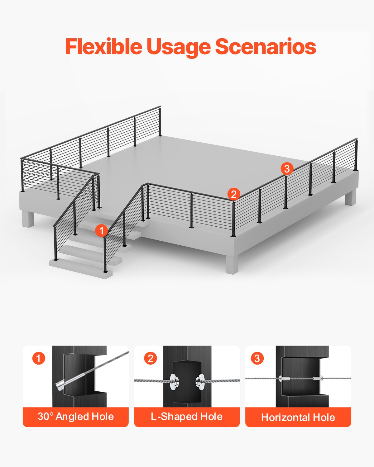VEVOR Kabelgeländerpfosten, 914x50,8x50,8 mm, Kabel-Treppengeländerpfosten, vorgebohrte horizontale Löcher, Edelstahl SUS304, für Handlauf, Balustrade, schwarz, 1JZLGZXHS9148RVYS001V0