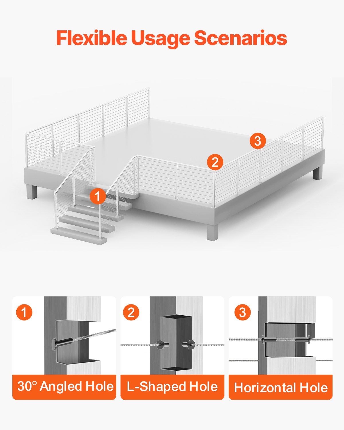 VEVOR Kabelgeländerpfosten, 91 x 2,5 x 5 cm, 1 Packung, Edelstahl-Kabel-Treppengeländerpfosten, vorgebohrte Pfosten mit Montagehalterung, Geländerpfosten, Silber, 1JZLGZXYS914I4BDB001V0