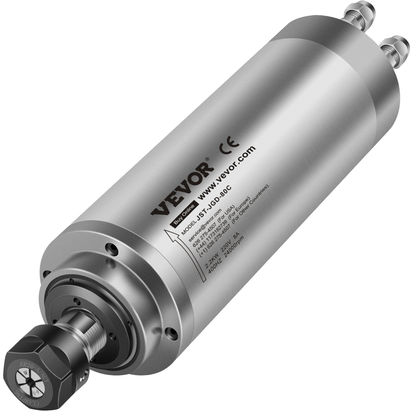 VEVOR Spindelmotor Wasserkühlung Er 20, Wassergekühlten Spindelmotor 2.2 KW, Spindel Motor 24000 U/min, Spannzangen Für CNC-Gravieren, Water Cooled Motor für Gravieren Spindel Motor 220V
