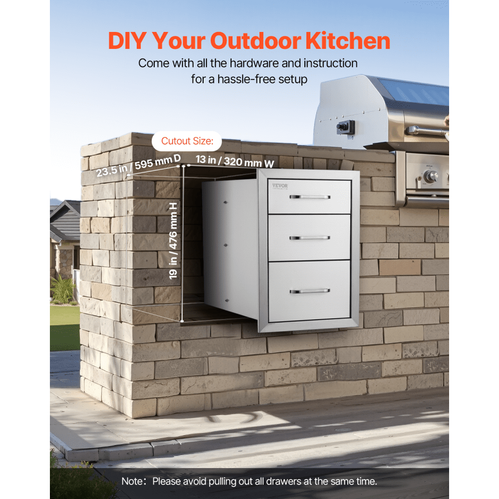 VEVOR Outdoor-Küchenschubladen, Unterputz-Grillschubladen aus Edelstahl mit dreifachem Zugriff und Griff, Grillinselschubladen für Außenküchen oder Terrassen-Grillstationen 356 x 516 x 588 mm