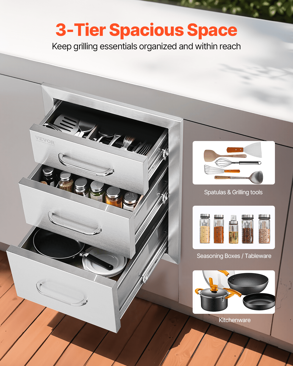 VEVOR Outdoor-Küchenschubladen, Unterputz-Grillschubladen aus Edelstahl mit dreifachem Zugriff und Griff, Grillinselschubladen für Außenküchen oder Terrassen-Grillstationen 356 x 516 x 588 mm