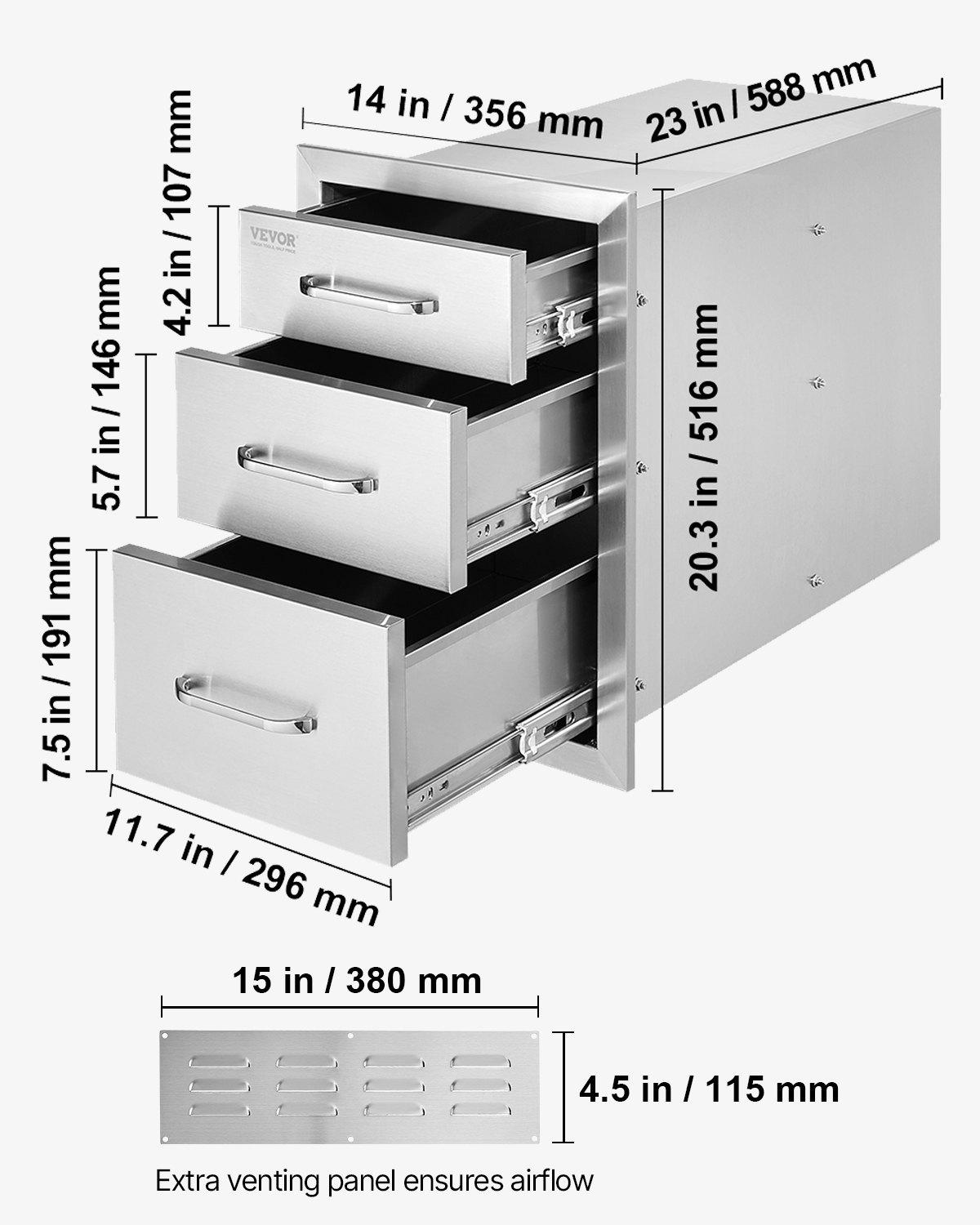 VEVOR Outdoor-Küchenschubladen, Unterputz-Grillschubladen aus Edelstahl mit dreifachem Zugriff und Griff, Grillinselschubladen für Außenküchen oder Terrassen-Grillstationen 356 x 516 x 588 mm