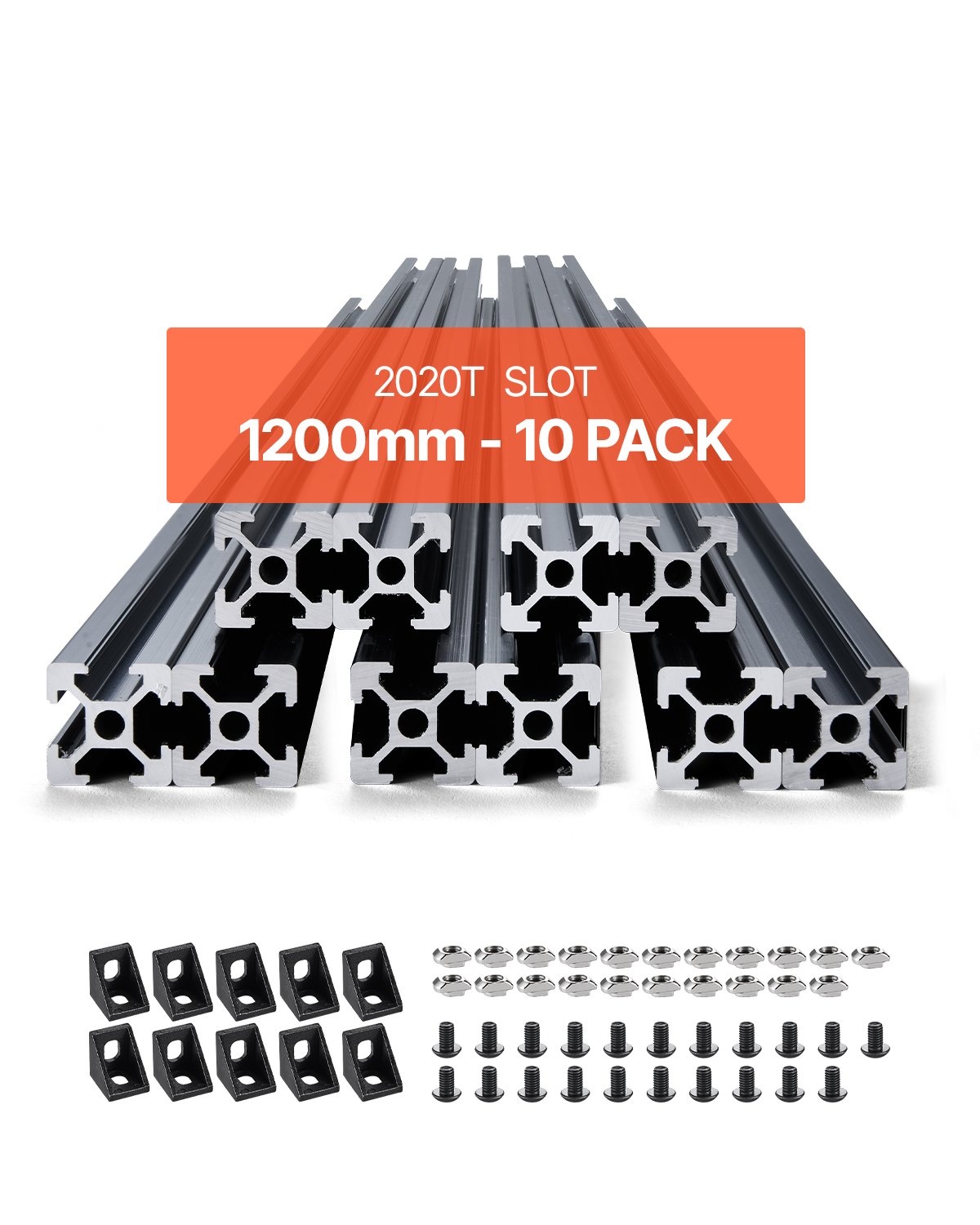 VEVOR 10er Set Aluprofil 1200 mm T-Nut 2020 Aluminium-Strangpressprofil, eloxierte Linearschiene nach europäischem Standard, Nutenprofil für 3D-Drucker, CNC-Maschine DIY, Lasergravur, Schwarz