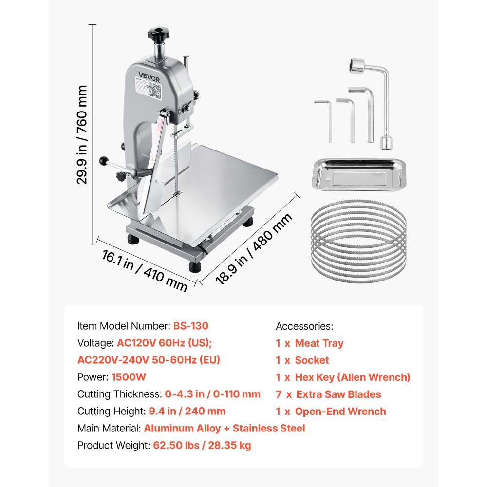 VEVOR Elektrische Fleischbandsäge 1500 W, Knochenschneidemaschine mit Arbeitsfläche (315 x 460 mm), Schnittstärke (0-110 mm) und 7 zusätzliche Ersatzklingen, für Gefrorenem Fleisch, Schweinefleisch