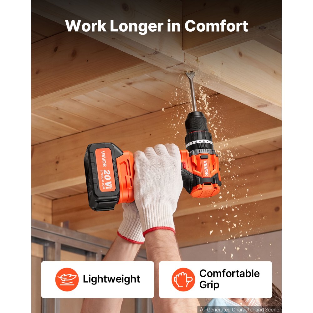 VEVOR Akku-Schlagbohrschrauber 20V 12,7 mm 26000 IPM 500 U/min/2.000 U/min, zum Bohren in Holz & Metall sowie zum Schrauben, 4000-mAh-Lithium-Ionen-Akku & Ladegerät, mit Ganzmetall-Bohrfutter, 90 Nm
