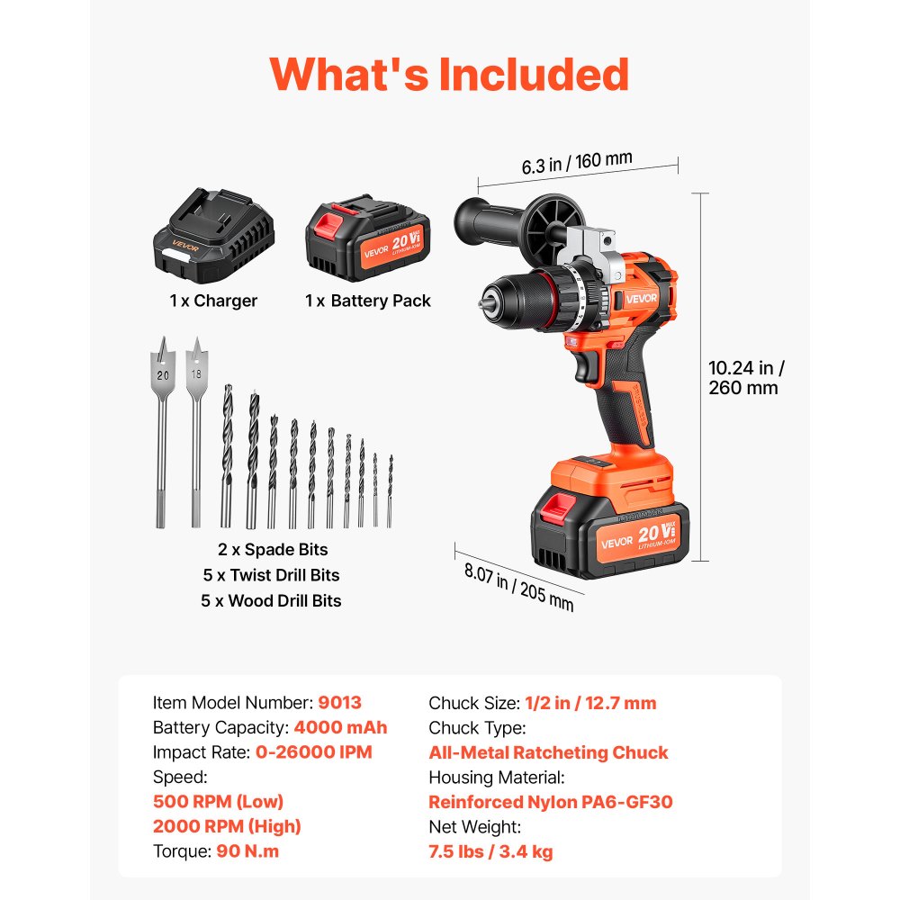 VEVOR Akku-Schlagbohrschrauber 20V 12,7 mm 26000 IPM 500 U/min/2.000 U/min, zum Bohren in Holz & Metall sowie zum Schrauben, 4000-mAh-Lithium-Ionen-Akku & Ladegerät, mit Ganzmetall-Bohrfutter, 90 Nm