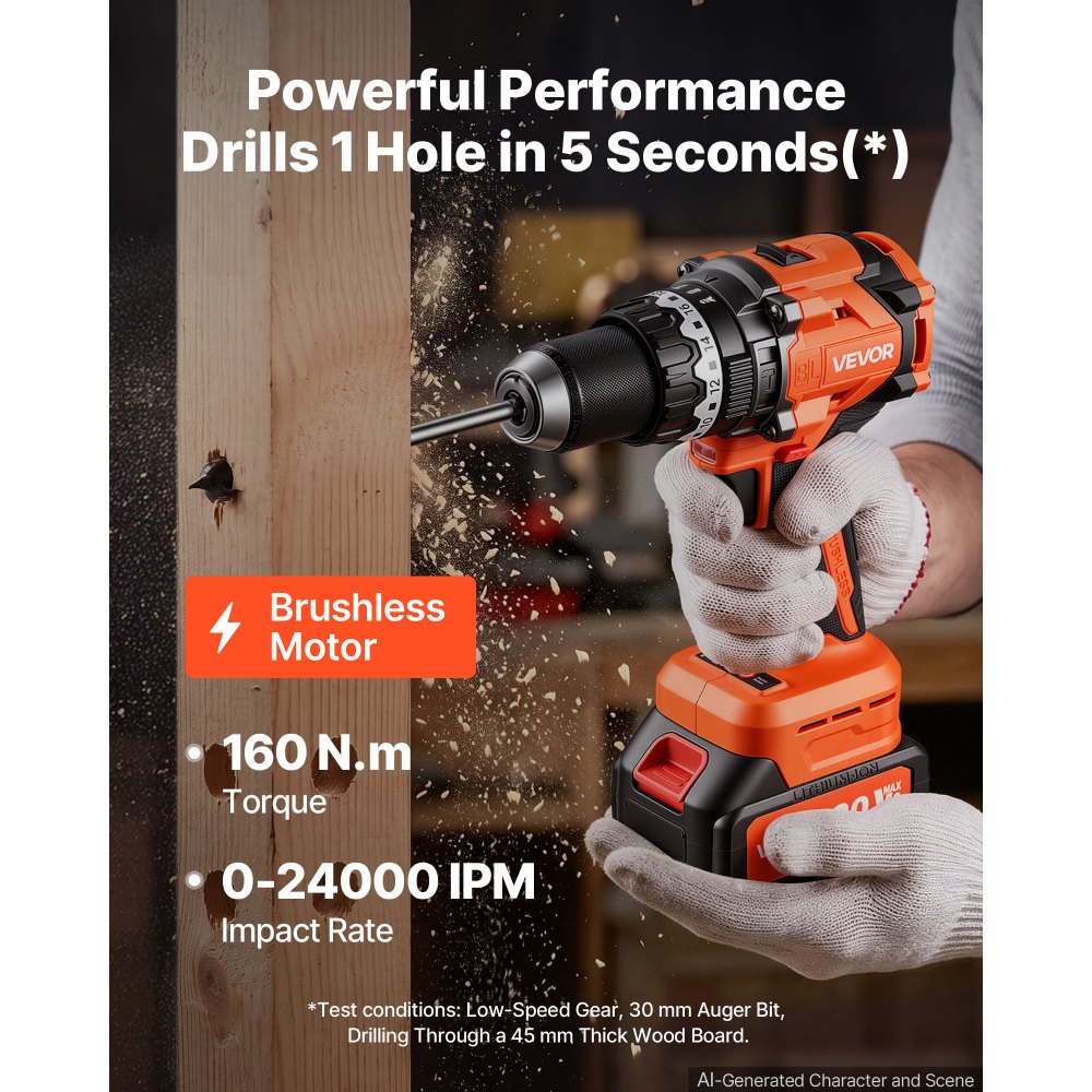VEVOR Akku-Schlagbohrschrauber 20 V 12,7 mm 24000 IPM 550 U/min/2.200 U/min, zum Bohren in Holz & Metall sowie zum Schrauben, 4000-mAh-Lithium-Ionen-Akku & Ladegerät, mit Ganzmetall-Bohrfutter, 160 Nm