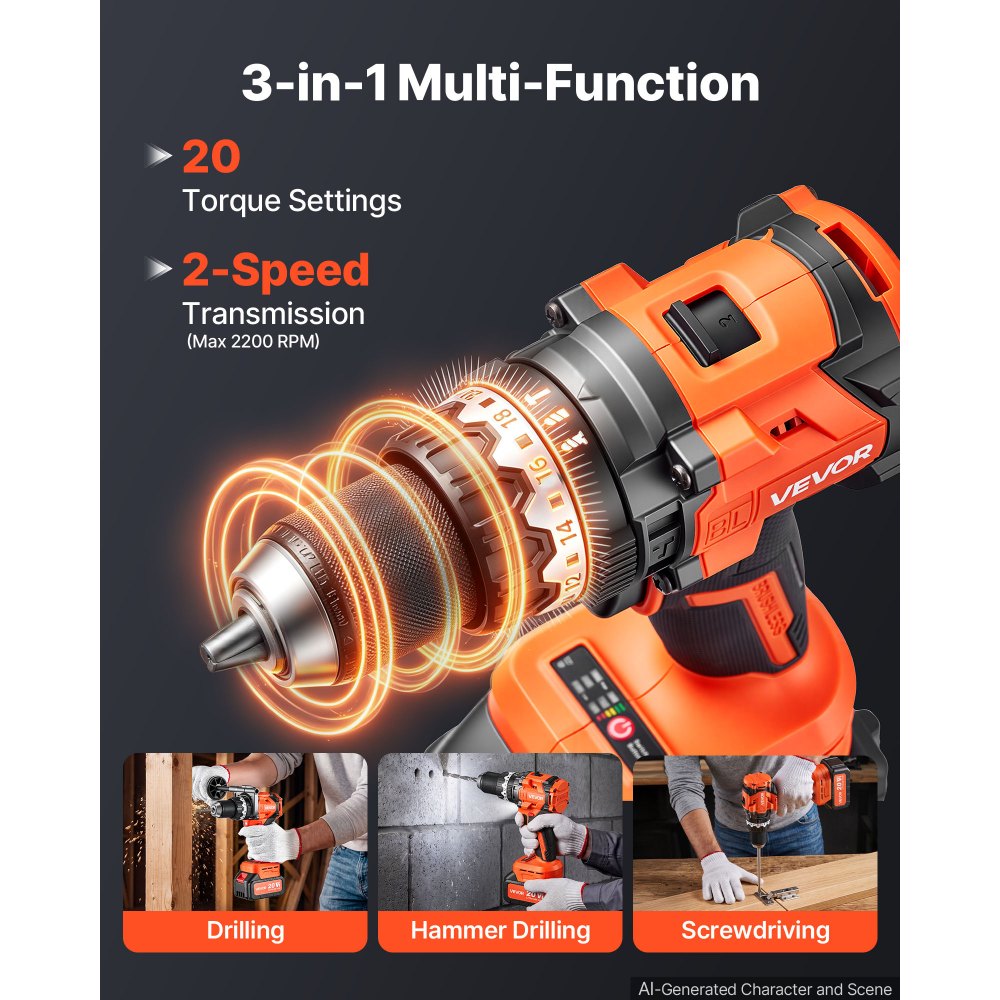 VEVOR Akku-Schlagbohrschrauber 20 V 12,7 mm 24000 IPM 550 U/min/2.200 U/min, zum Bohren in Holz & Metall sowie zum Schrauben, 4000-mAh-Lithium-Ionen-Akku & Ladegerät, mit Ganzmetall-Bohrfutter, 160 Nm