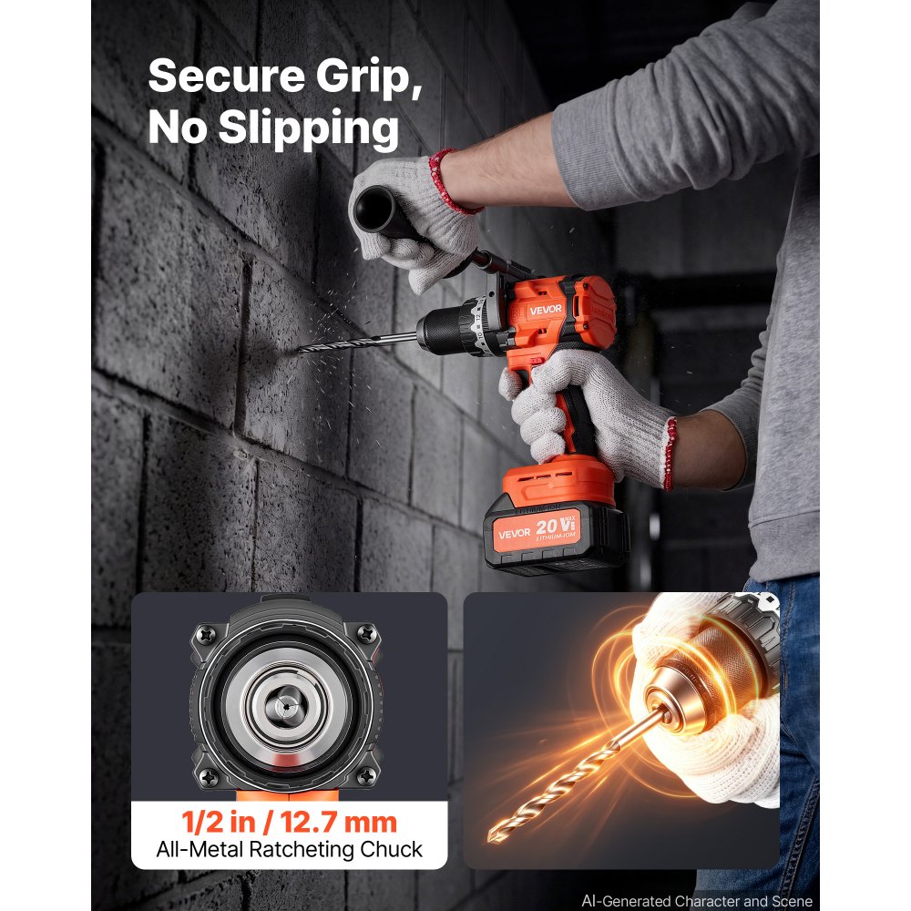 VEVOR Akku-Schlagbohrschrauber 20 V 12,7 mm 24000 IPM 550 U/min/2.200 U/min, zum Bohren in Holz & Metall sowie zum Schrauben, 4000-mAh-Lithium-Ionen-Akku & Ladegerät, mit Ganzmetall-Bohrfutter, 160 Nm