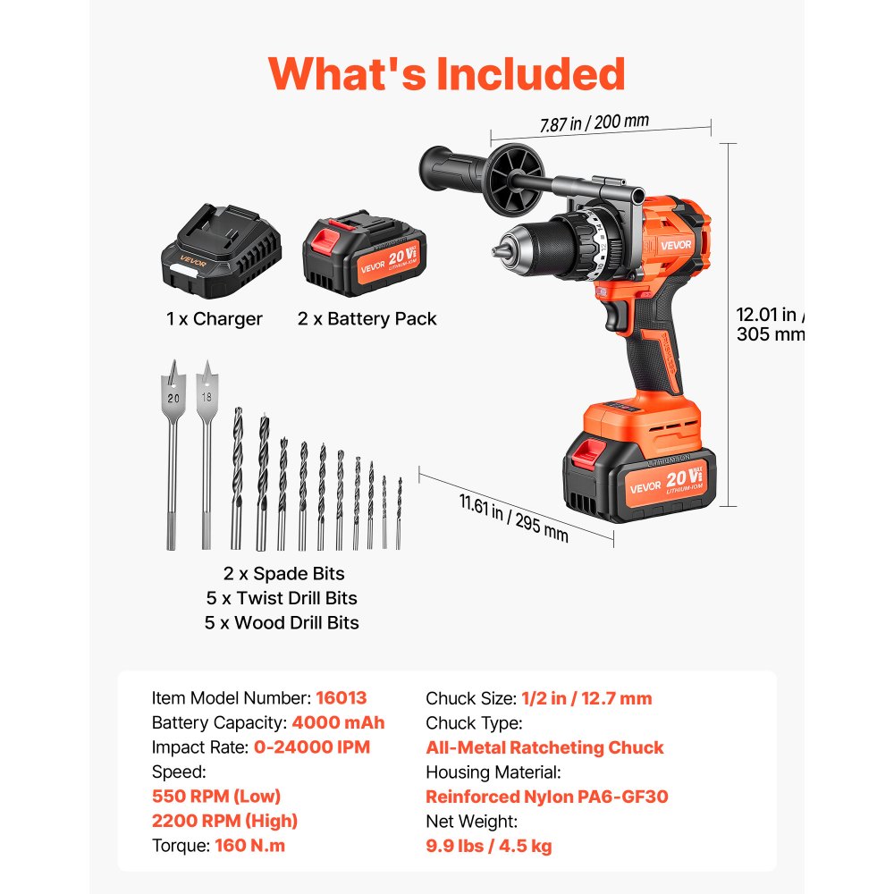 VEVOR Akku-Schlagbohrschrauber 20 V 12,7 mm 24000 IPM 550 U/min/2.200 U/min, zum Bohren in Holz & Metall sowie zum Schrauben, 4000-mAh-Lithium-Ionen-Akku & Ladegerät, mit Ganzmetall-Bohrfutter, 160 Nm