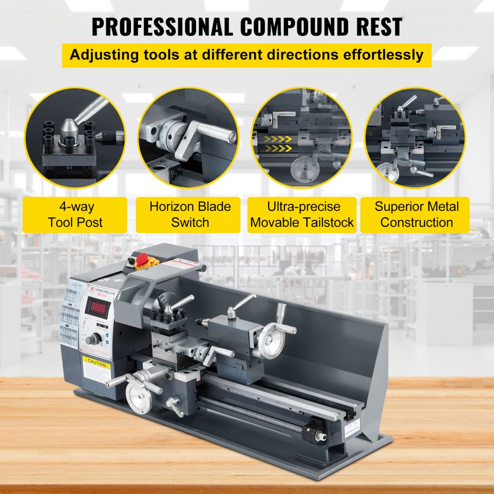 VEVOR Metalldrehmaschine 8X16 Zoll Präzisions-Minidrehmaschine mit variabler Drehzahl 50-2500 U/min 750W Metallfräsen