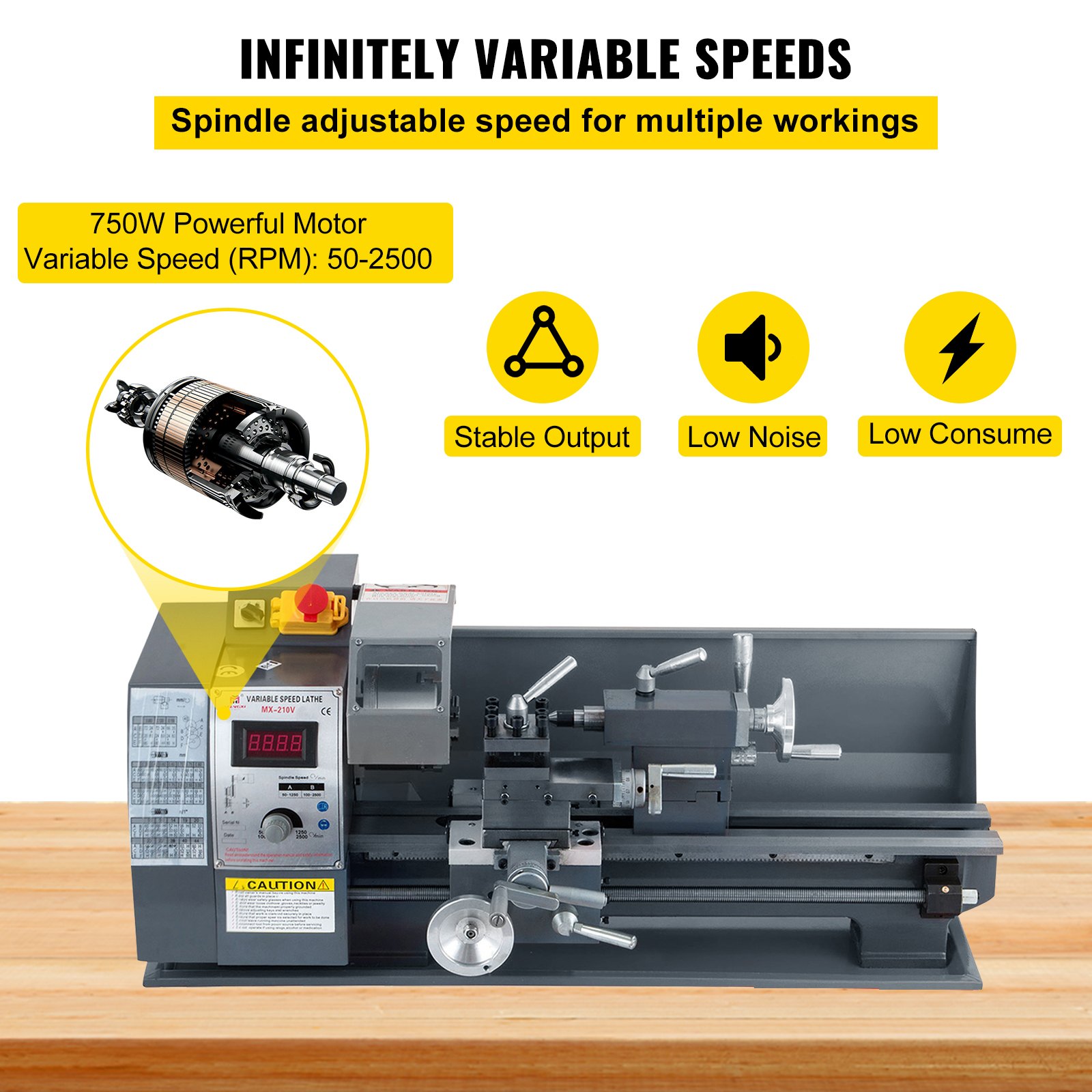 VEVOR Metalldrehmaschine 8X16 Zoll Präzisions-Minidrehmaschine mit variabler Drehzahl 50-2500 U/min 750W Metallfräsen