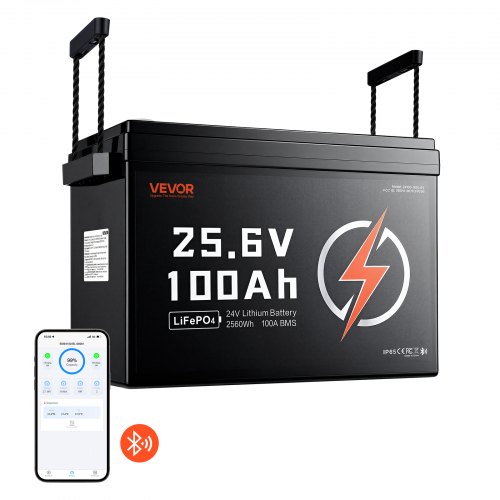 VEVOR LiFePO4 Batterie 24 V 100 Ah 100 A Lithiumbatterie mit Bluetooth BMS, Geeignet für Wohnmobile Campingwagen Solarenergiespeicher und Elektromotoren, 20-29,2 V DC, Niedertemperaturschutz, 2560 Wh