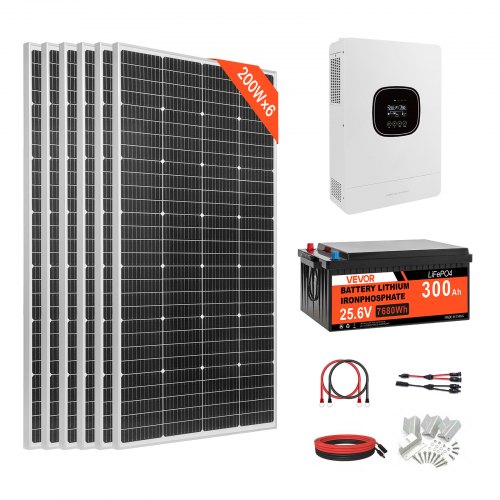 VEVOR 1200W Solaranlage Komplettset, Insel Solaranlage Inkl. 6 Stk. 200W Mono-Solarpanele 25,6V 300Ah LiFePO4 Stromspeicher & 24V 3000W Wechselrichter, Photovoltaik Inselanlage für Gewächshaus Heim