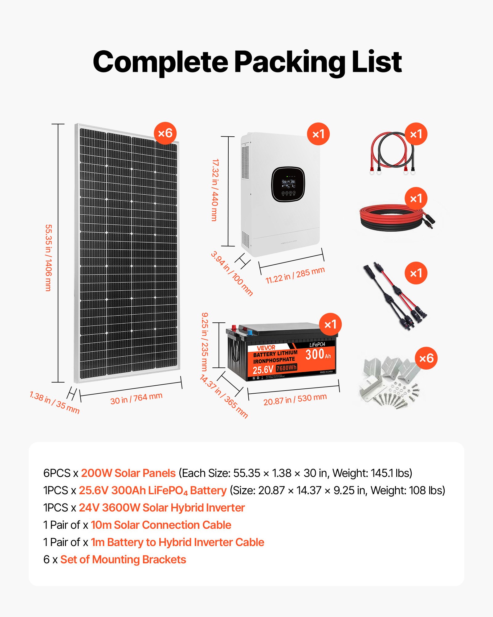 VEVOR 1200W Solaranlage Komplettset, Insel Solaranlage Inkl. 6 Stk. 200W Mono-Solarpanele 25,6V 300Ah LiFePO4 Stromspeicher & 24V 3000W Wechselrichter, Photovoltaik Inselanlage für Gewächshaus Heim