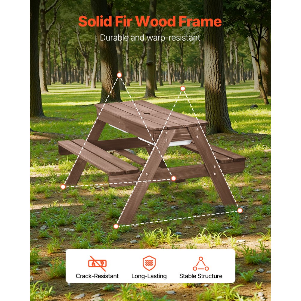 VEVOR Picknicktisch mit abnehmbarem Sonnenschirm & 2 Bänken, Sitzgruppe Strandtisch Outdoor Gartenmöbel aus Holz Terrassen-Essmöbel für 4 Personen für Garten, Hinterhof und Veranda (Walnuss)