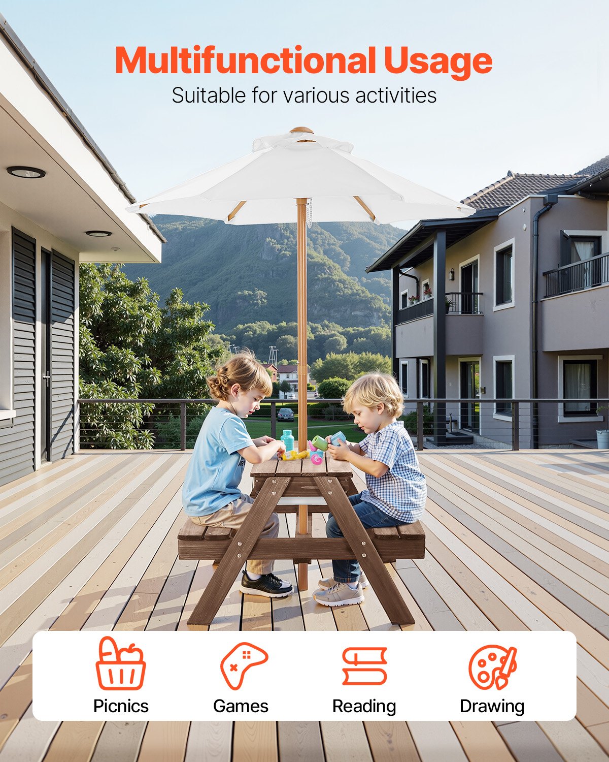 VEVOR Picknicktisch mit abnehmbarem Sonnenschirm & 2 Bänken, Sitzgruppe Strandtisch Outdoor Gartenmöbel aus Holz Terrassen-Essmöbel für 4 Personen für Garten, Hinterhof und Veranda (Walnuss)