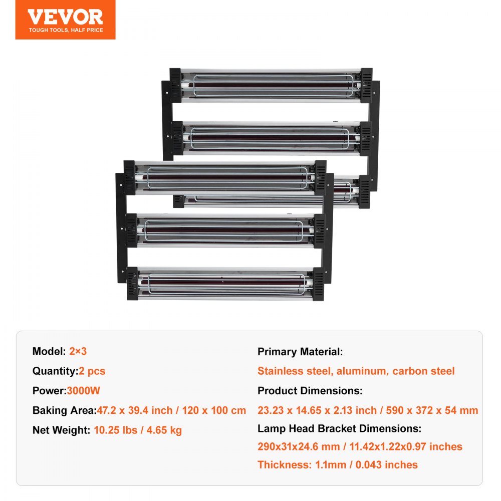 VEVOR Infrarot-Heizstrahler, Lackhärtungslampe, Wärmestrahler, Aushärten für Auto, Infrarotlack, Kochbereich, Lackheizlampe 590x372x54 mm, 2 Sets, 3000 W, Stecker NICHT im Lieferumgang enthalten