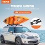 Auf einem Mini Cooper montierter Kajak-Dachgepäckträger von VEVOR, der zwei orangefarbene Kajaks am Meer hält.