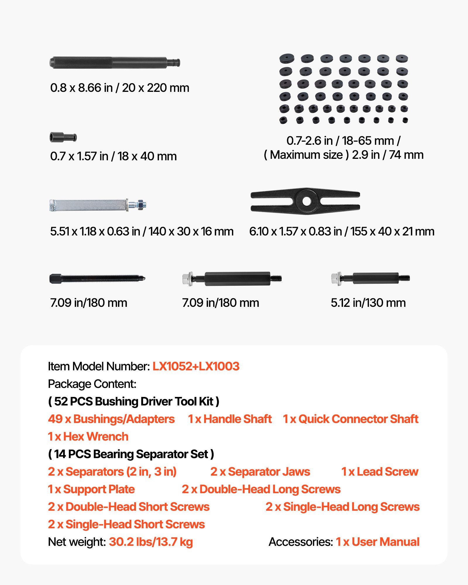 VEVOR Lagerpressen Set 52+14-teilig, 2 in 1 Buchsenantriebswerkzeug Radlager Werkzeug, Dichtungstreiber-Set mit 49 Buchsen, Trennern und Backen, robustes Demontage- und Installationsset mit Koffer