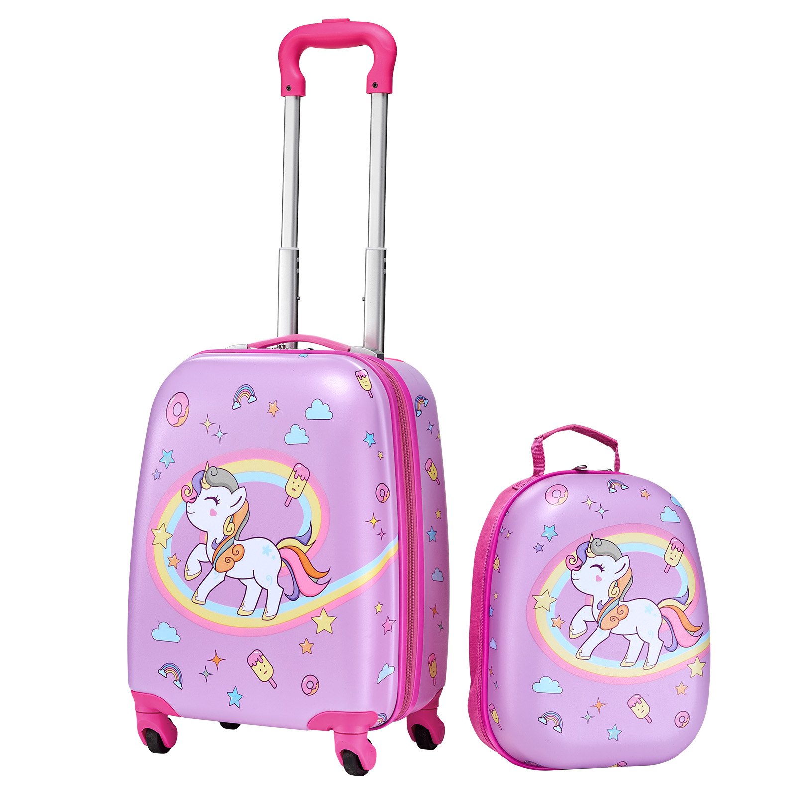 VEVOR 2 tlg. Kinderkoffer Set, 457,2 mm, Hartschalenkoffer mit Rollen & Rucksack, Kindertrolley, Kids Suitcase, perfekte Geschenke für Jungen und Mädchen, praktisch für Reisen & Fliegen (Einhorn)