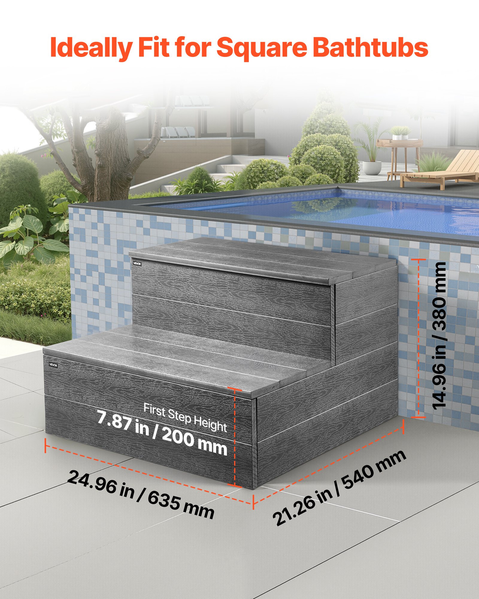 VEVOR Badewannenstufe Pooltreppe 2-stufige Außentreppe, 635 mm breite HIPS-Leiter für oberirdische/aufblasbare Pools mit 272,16 kg Tragkraft, vielseitig einsetzbar für Veranda Terrasse Wohnmobile