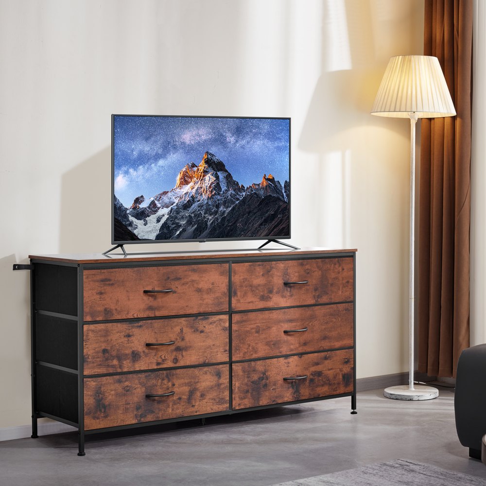 VEVOR Kommode mit 6 Schubladen, TV-Ständer mit Stauraum, Schrankschubladen mit stabilem Stahlrahmen, Stoff-Aufbewahrungsturm für Schlafzimmer Flur Schrank, rustikales Braun