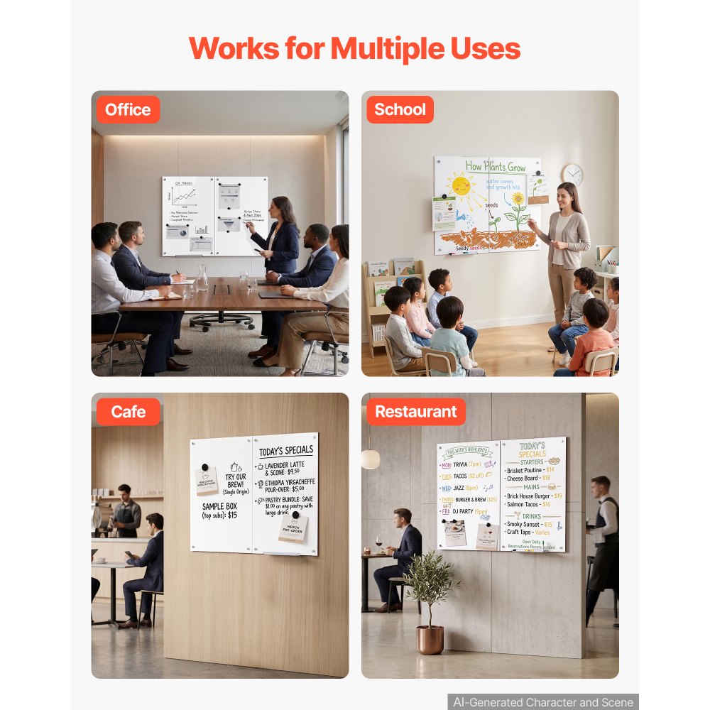 VEVOR Whiteboard Magnetisch 900x600 mm Wandtafel Magnettafel 2er-Pack Weiß, Büro Schule Klassenzimmer Homeschooling Rahmenlos 4,3 mm Dickes Sicherheitsglas inkl. Marker Magnete Schwamm