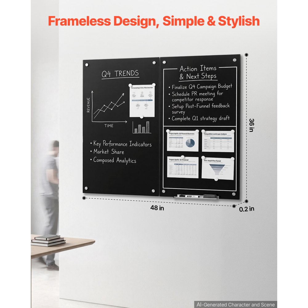 VEVOR Whiteboard Magnetisch 90x60 cm Wandtafel Magnettafel 2er-Pack Schwarz, Büro Schule Klassenzimmer Homeschooling Rahmenlos 4,3 mm Dickes Sicherheitsglas inkl. Marker Magnete Schwamm