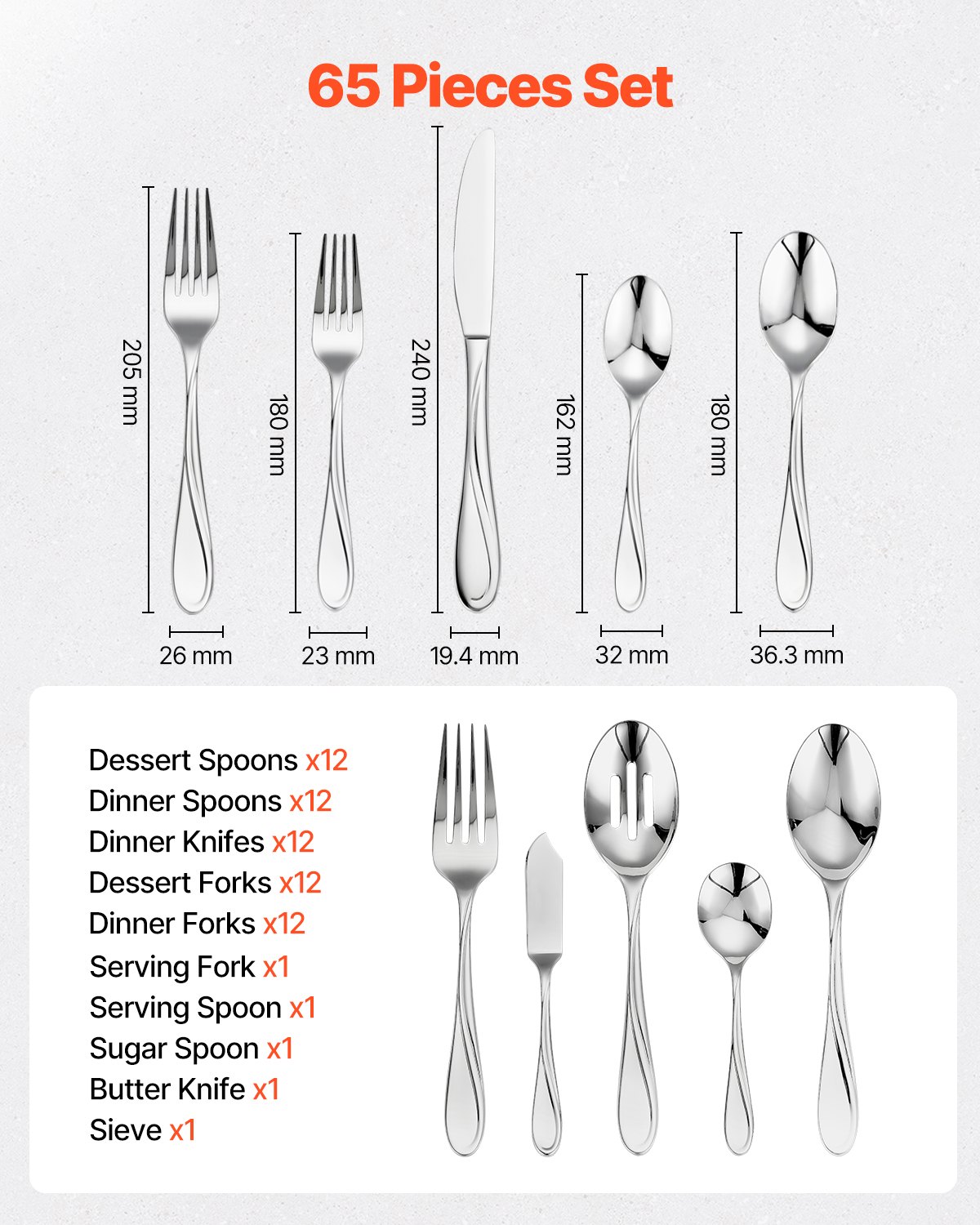 VEVOR 65-piece cutlery set made of food-grade stainless steel, high-gloss polished cutlery set, dishwasher-safe tableware for home kitchen, service for 12 people, including knife, fork, and spoon.