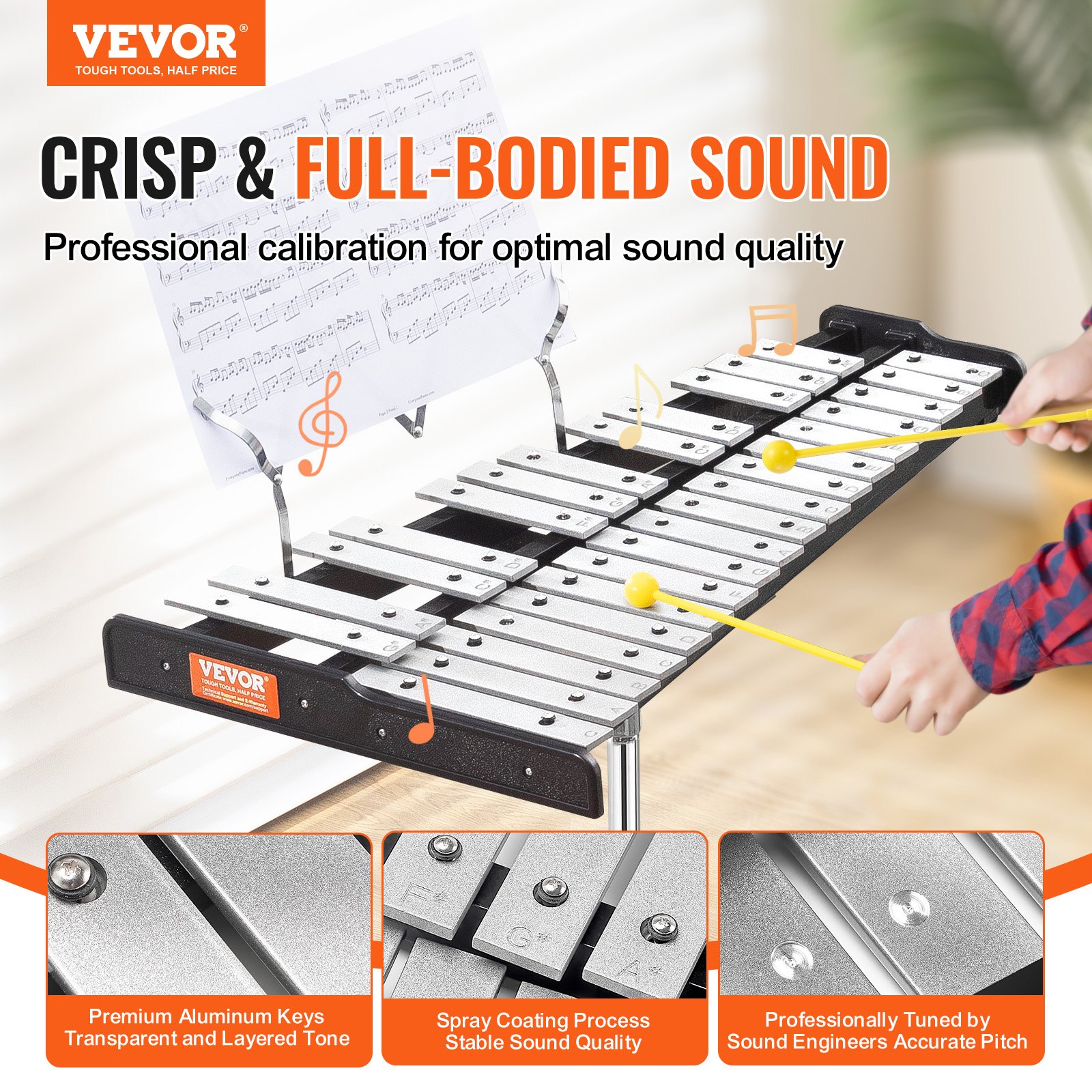 VEVOR Glockenspiel-Xylophon-Set mit 30 Noten, professionelles Schlaginstrumenten-Set mit Schlägeln, Trommelstöcken, Notenständer, 20 cm Übungspad, verstellbarem Ständer und Tragetasche