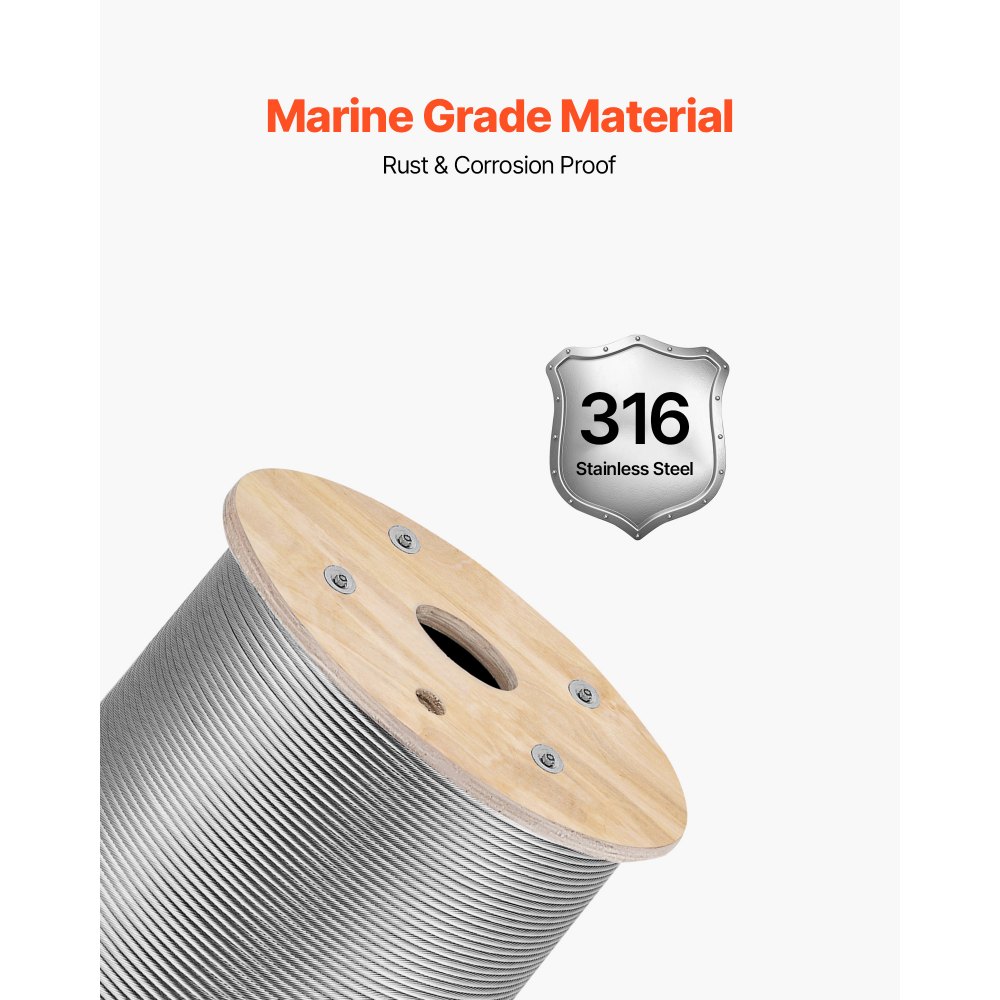 VEVOR Edelstahldrahtseil φ3,2 mm 152,4 m Länge, Drahtseil aus Edelstahl 316 mit einer Bruchlast von 798 kg, 1x19 Litzen, Stahlseil für Terrassengeländer, Gartenspaliere, inkl. Drahtschneider