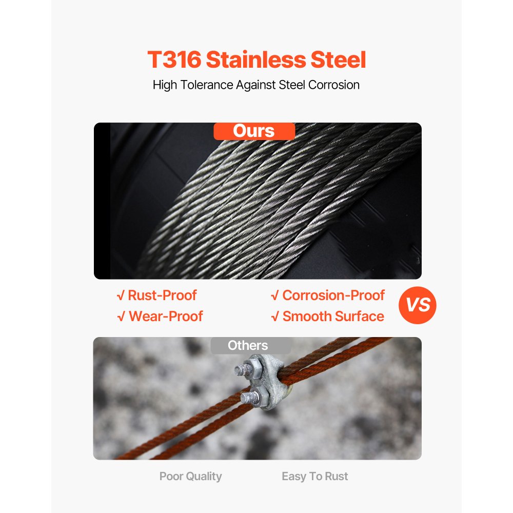 VEVOR 316 Edelstahl Kabel Drahtseil 7x7 150 M, Stahlseil Seil Draht Stahl Abmessung 30 x 30 x 25 cm, Edelstahl-Drahtseil-Kabel Rostfrei Bruchfestigkeit 650 kg für Leichtindustrie Brücken usw.