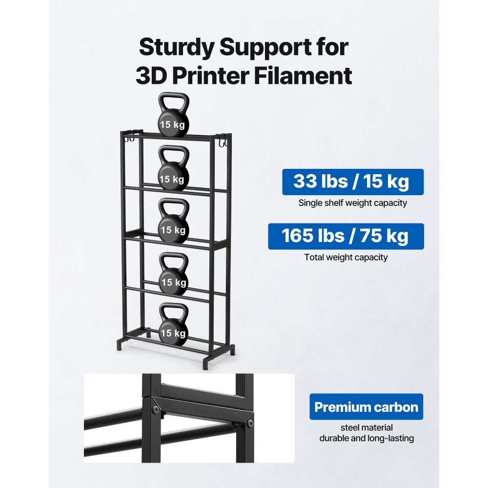 VEVOR Filament Lagerregal für 3D-Drucker, 5 Ebenen, Filamentspulenhalter, 635 x 320 x 1300 mm Tragkraft 45,3 kg pro Ebene, 3D-Druckerzubehör Organizer für 3D-Druckstudio, Werkstatt, Schwarz