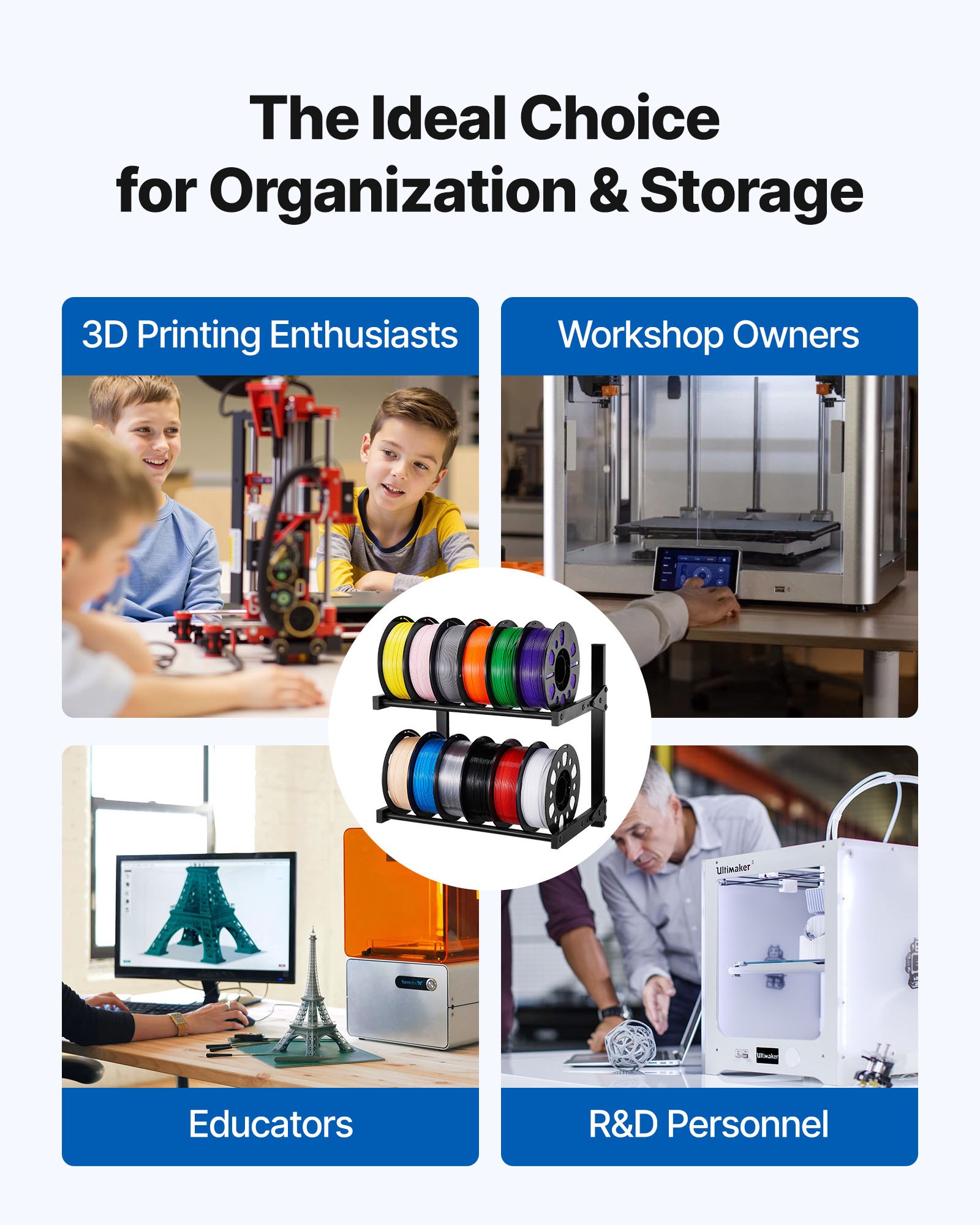 VEVOR Wall Mount Printer Filament Storage Rack, 2-Tier Wall Bracket Storage Shelf, Rolling Filament Spool Holders Racks with Wheels, Filaments Organzied for 3D Printing Studio, Workshop (Shelf Only)