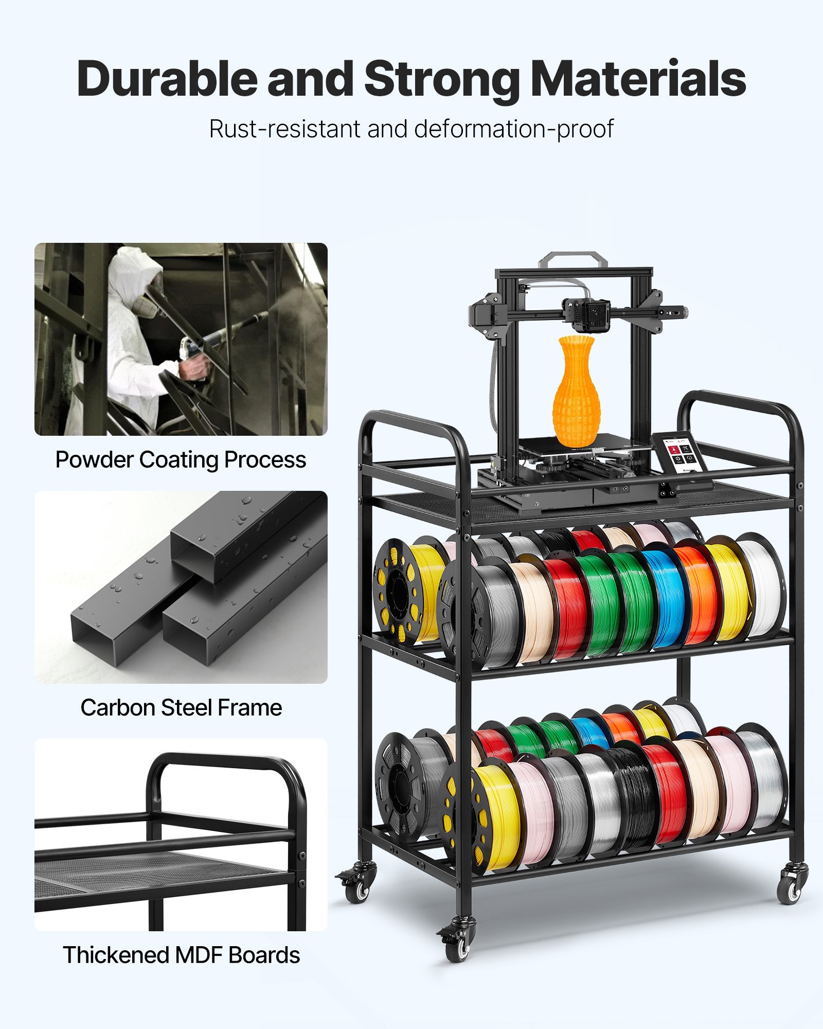 VEVOR Filament Lagerregal für 3D-Drucker, 3 Ebenen, 680 x 400 x 880 mm, Filamentspulenhalter auf Rädern, 3D-Druckerzubehör Organizer für 3D-Druckstudio, Büro, Werkstatt, Schwarz