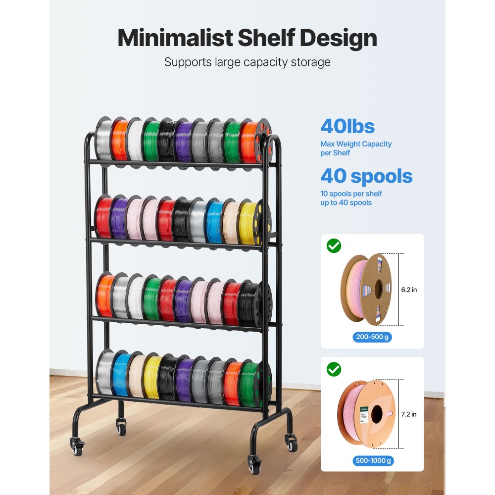 VEVOR 3D Printer Filament Storage Rack, 4 Tier Heavy Duty Storage Shelf, Rolling Filament Spool Holders Racks with Wheels, Filaments Organzied for 3D Printing Station, Office, Workshop (Shelf Only)