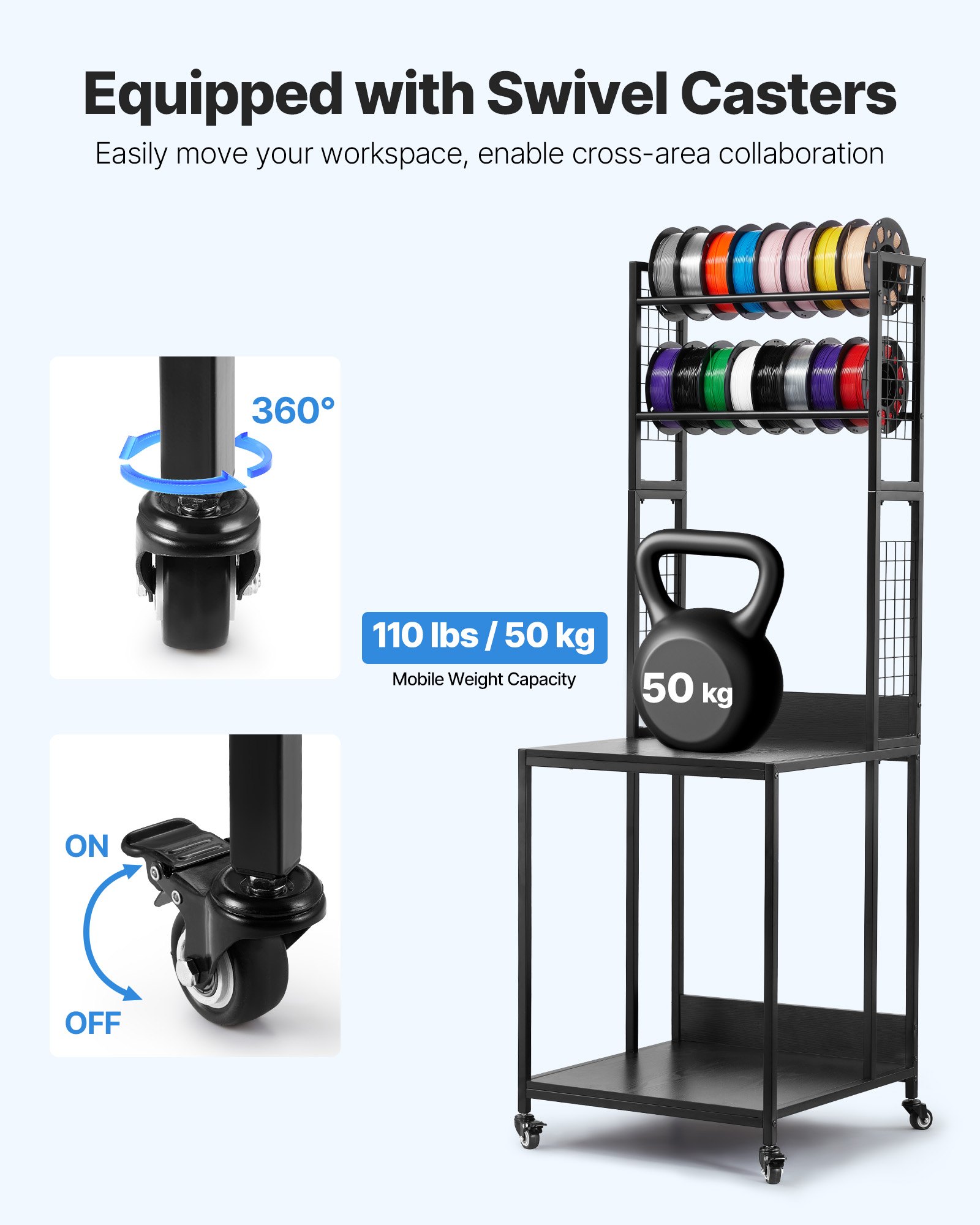 VEVOR 3D Printer Filament Storage Rack, 4-Tier 3D Printer Stand with Filament Storage, Spools Holder Racks Cart with Wheels, Filaments Organzied for 3D Printing Station, Office, Workshop (Shelf Only)