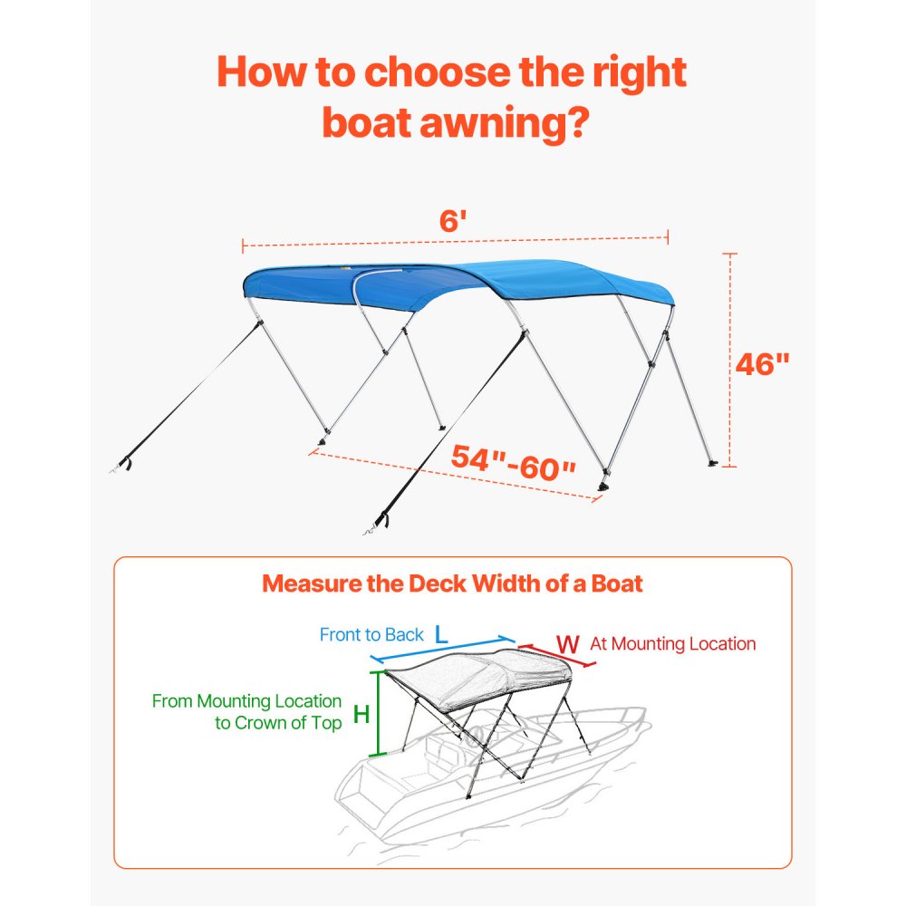 VEVOR Bimini Top Boat Cover Sunshade (3 arches) made of 600D polyester with aluminum alloy frame, waterproof sunshade boat awning with storage bag, 137-152 cm (W) Blue