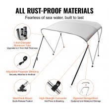 VEVOR 3-Bogen-Bimini-Top-Bootsabdeckung, 155-167 cm Einbaubreite 900D-Polyester-Überdachung mit Aluminiumlegierungsrahmen, Wasserdicht & Sonnenschutz, inkl. Aufbewahrungsbox, 2 Stützstangen Hellgrau