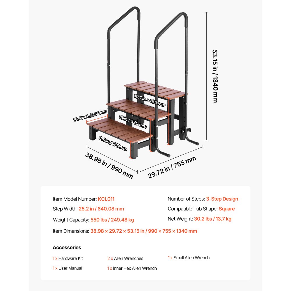 VEVOR Badewannenstufe Pooltreppe 3-stufige Wohnmobiltreppe, 640,08 mm breite Außentreppe für oberirdische/aufblasbare Pools mit 249,48 kg Tragkraft, vielseitig einsetzbar für Veranda Terrasse
