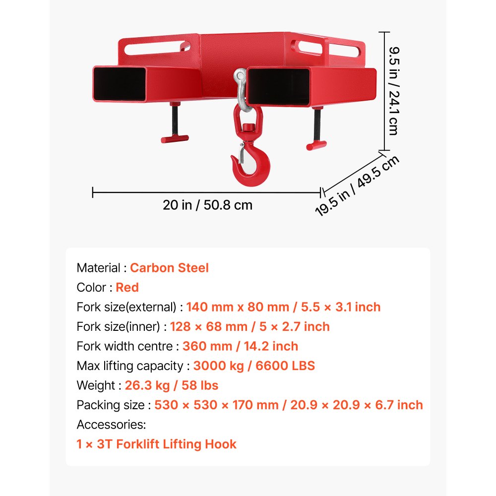 VEVOR 3T Haken Gabelstapler Haken Doppelte Gabel Design,  3000 kg Gabelstapler-Hebehaken Kohlenstoffstahl, 530 x 530 x 170 mm Gabelstapler Hebezeug Schwenkhaken Mobilkran Gabelstapler Anbaugeräte