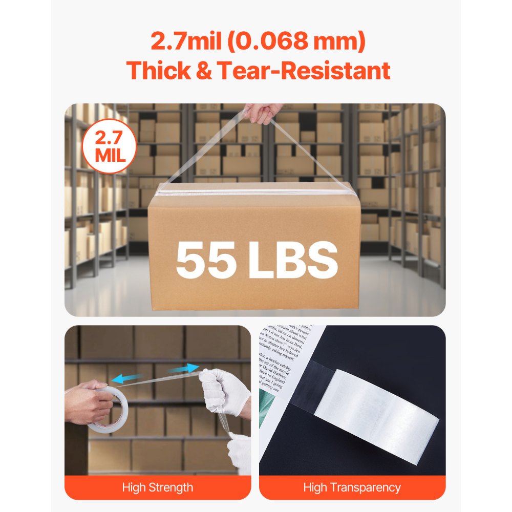 VEVOR Transparentes Packband, 76,2 mm Kern, 12er-Set 47,8 mm x 59,436 m Paketklebeband mit Spender, 0,068 mm Hochleistungs-Klebeband, ideal für Umzüge, Lagerung & Verpackung, Versand & Postversand