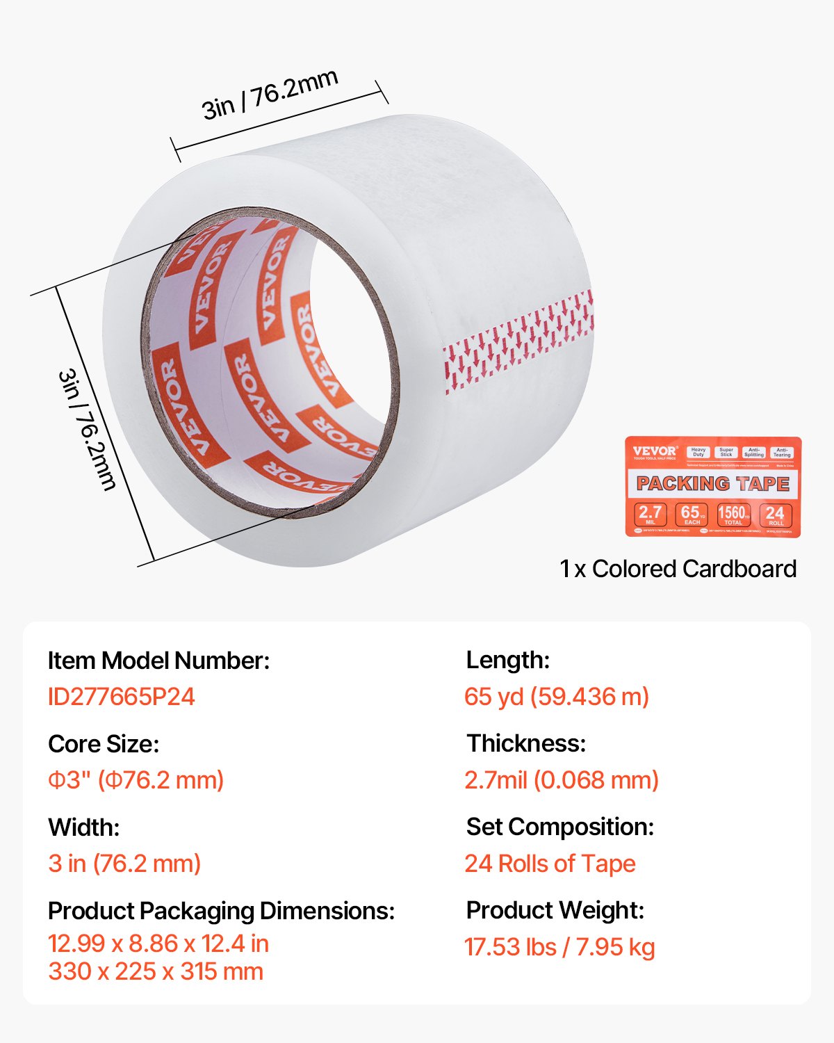 VEVOR transparent packing tape, 76.2 mm core, 24-pack, 76.2 mm x 59.436 m, 0.068 mm thick, heavy-duty tape for moving, storage & packaging, shipping & postal services, office
