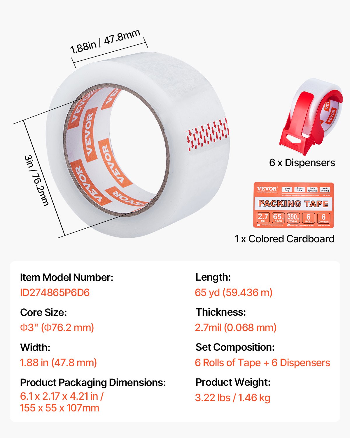 VEVOR Transparentes Packband, 76,2 mm Kern, 6er-Set 47,8 mm x 59,436 m Paketklebeband mit Spender, 0,068 mm Hochleistungs-Klebeband Ideal für Umzüge, Lagerung und Verpackung, Versand und Postversand