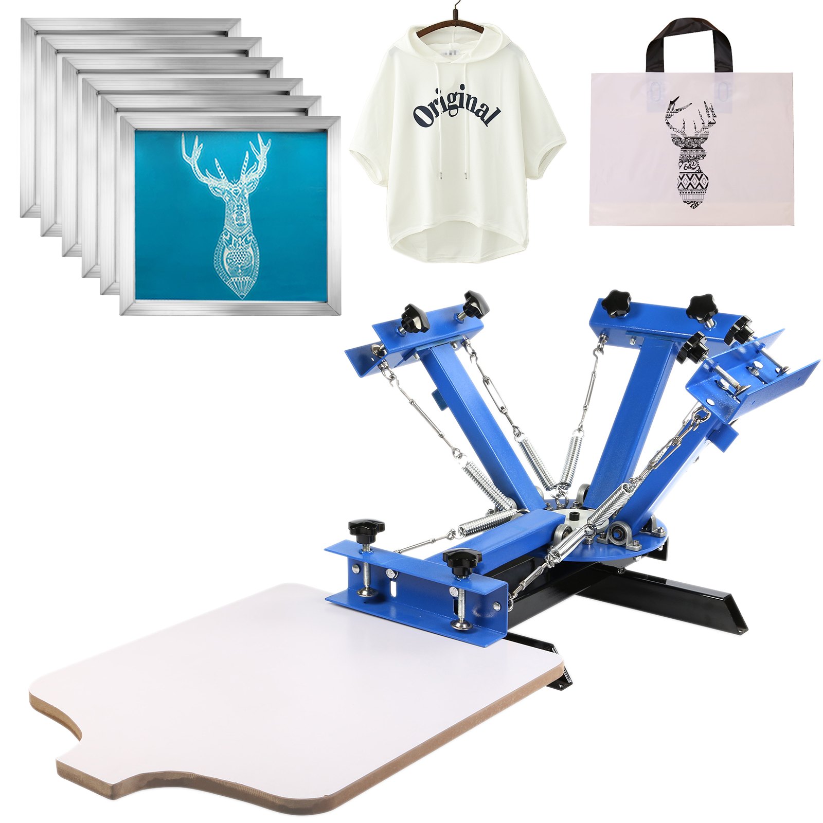 Siebdruckmaschine 4 Farben 1 Station mit 6 Stück 45x50cm Alu Siebdruckrahmen 64T