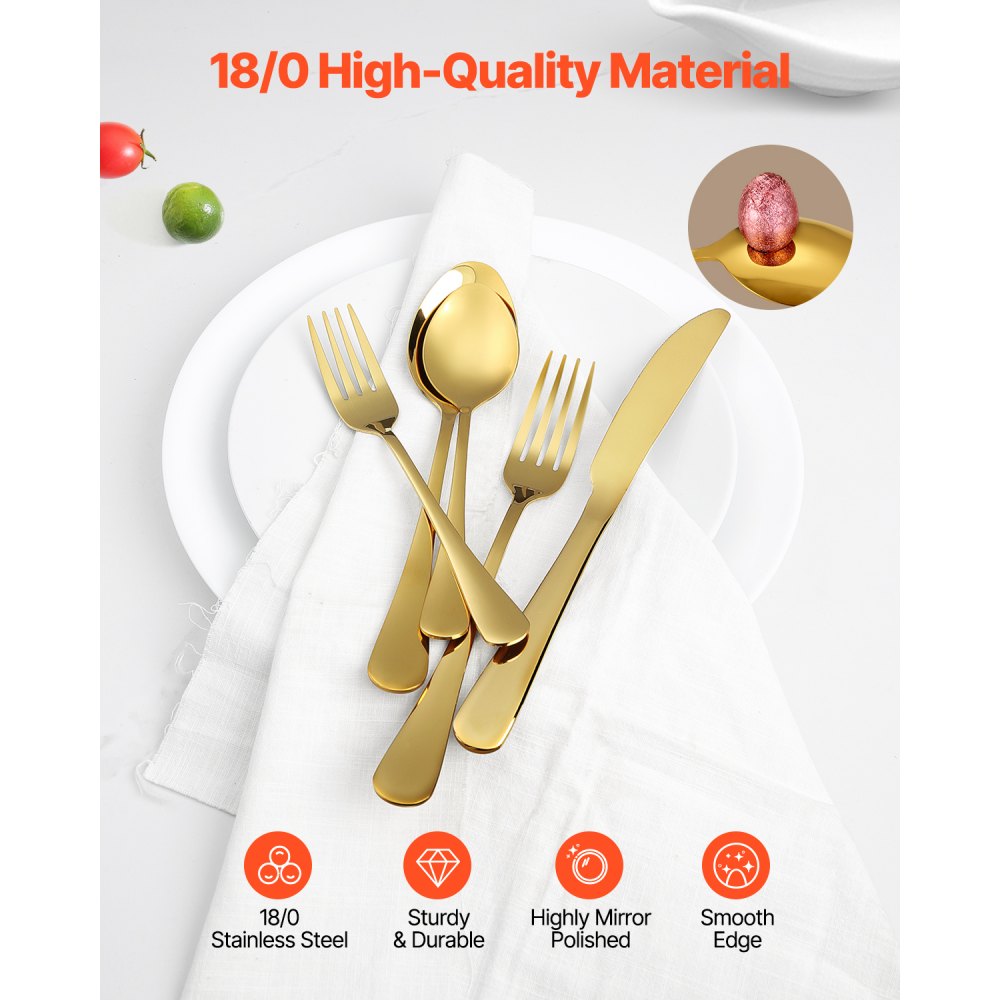 VEVOR 100-piece cutlery set in gold, food-grade stainless steel cutlery for 20 people, with a high-gloss finish, dishwasher-safe, including knives, forks, and spoons